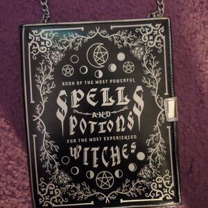 Spell book cross body purse faux leather metal chain